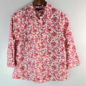 Lands End No Iron Supima 10P Long Sleeved Button Down Floral Shirt Top Petite